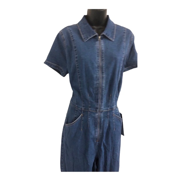Blue jeans denim zip up flare leg jumpsuit size large new - Picture 9 of 13